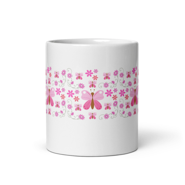 White Glossy Pink Butterfly Ceramic Mug 11oz