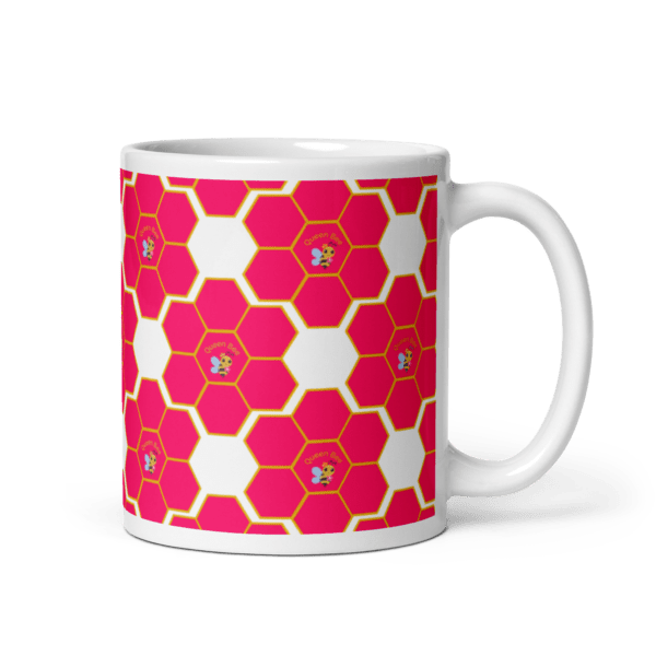 White Glossy Queen Bee Pink Honeycomb Ceramic Mug 11oz