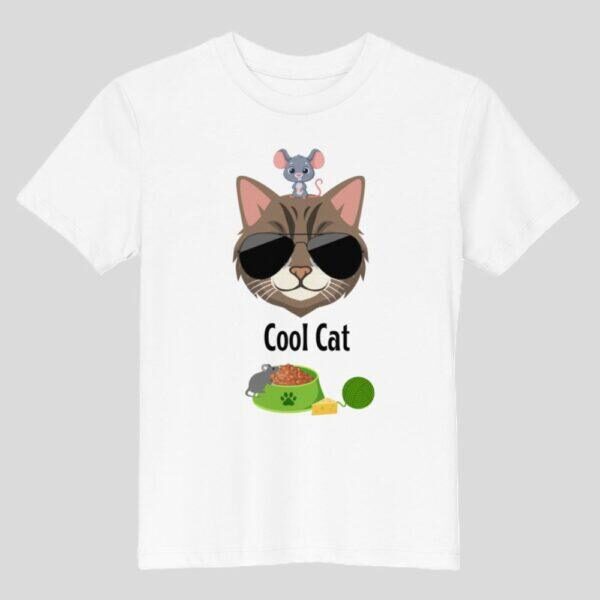 White 100% Certified Organic Cotton Cool Cat Print Kids T-Shirt