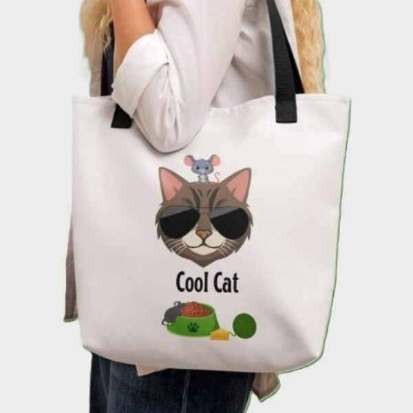 White Polyester 15"x15" Cool Cat Print Tote Bag