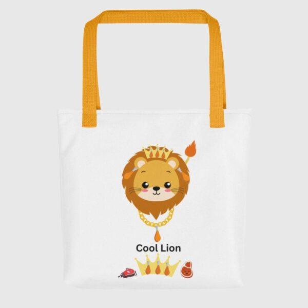 white-polyester-15"x15"-with-cool-lion-print-tote-bag-front-view