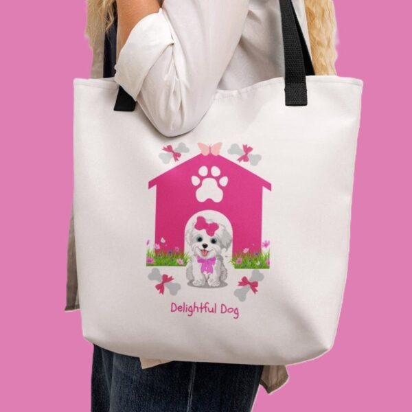 White Polyester 15"x15" Delightful Dog Print Tote Bag