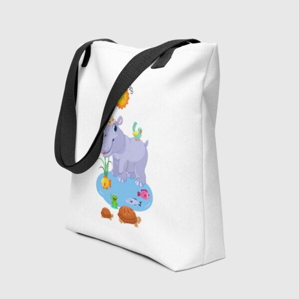 White Polyester 15"x15" Happy Hippo Print Tote Bag