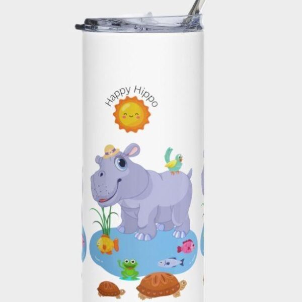 White 20oz Happy Hippo Print Drinks Tumbler 