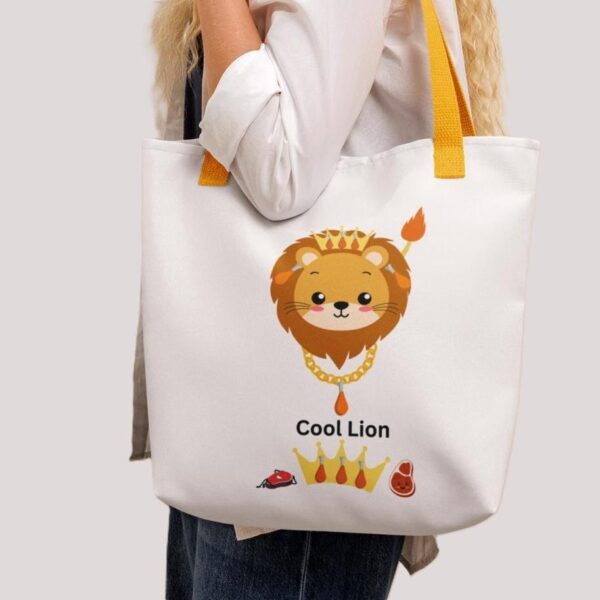 White Polyester 15"x15" Cool Lion Print Tote Bag