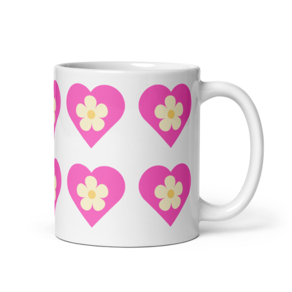 White Glossy Flower Pink Heart Ceramic Mug 11oz