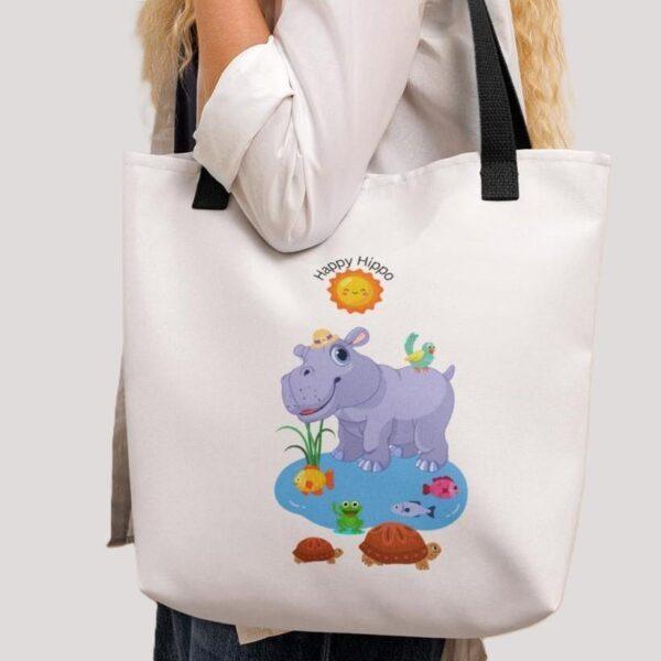 White Polyester 15"x15" Happy Hippo Print Tote Bag