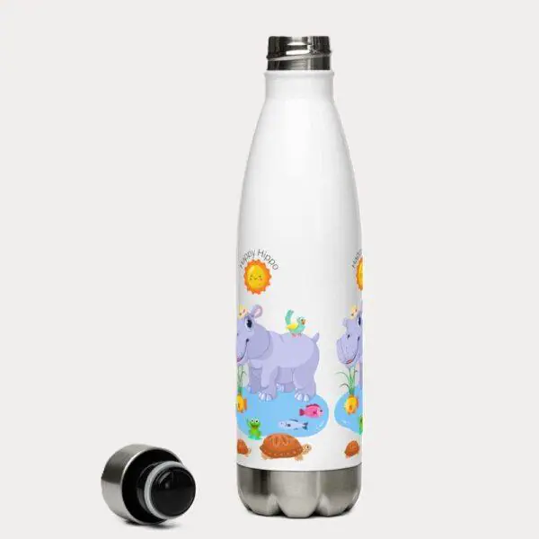 White 17oz Happy Hippo Print Water Bottle 