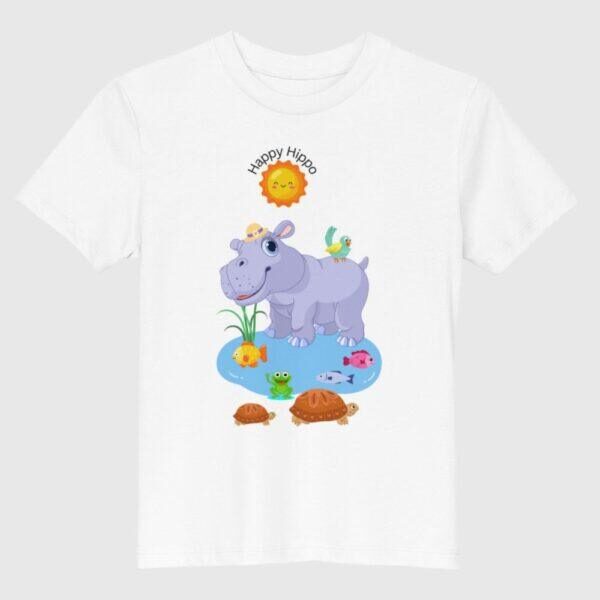 White 100% Certified Organic Cotton Happy Hippo Print Kids T-Shirt