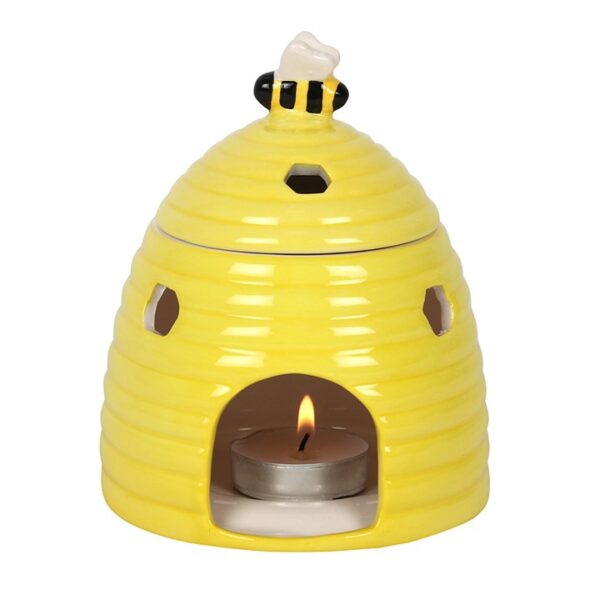 Attractive Yellow Ceramic Beehive Oil Burner with Adorable Sweet Bee Lid and Honeycomb Shaped Cut Outs