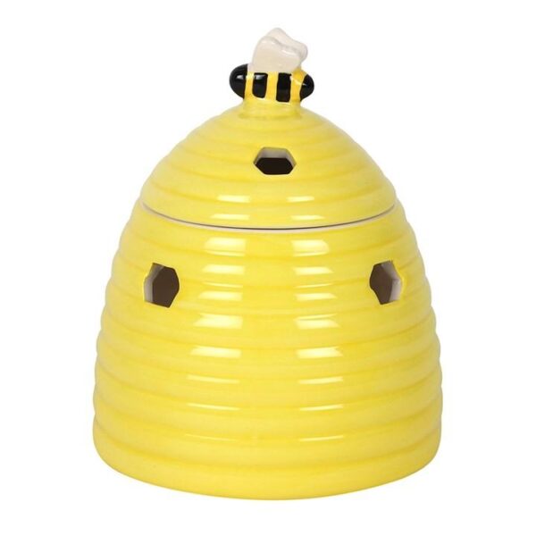 Attractive Yellow Ceramic Beehive Oil Burner with Adorable Sweet Bee Lid and Honeycomb Shaped Cut Outs - Image 2