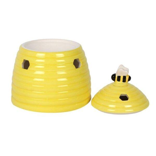 Attractive Yellow Ceramic Beehive Oil Burner with Adorable Sweet Bee Lid and Honeycomb Shaped Cut Outs - Image 3