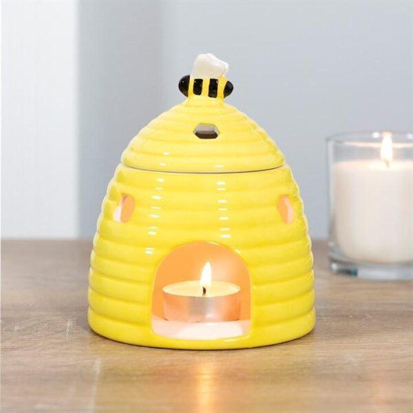 Attractive Yellow Ceramic Beehive Oil Burner with Adorable Sweet Bee Lid and Honeycomb Shaped Cut Outs - Image 5