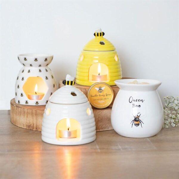 Attractive Yellow Ceramic Beehive Oil Burner with Adorable Sweet Bee Lid and Honeycomb Shaped Cut Outs - Image 6