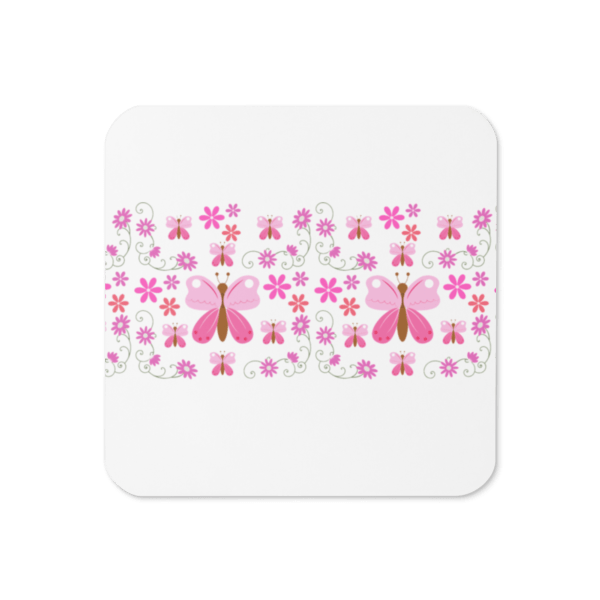 1 x Square Pink Butterfly Cork-Back Drinks Coaster