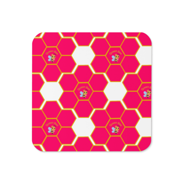 1 x Square Queen Bee Pink Honeycomb Cork-Back Drinks Coaster